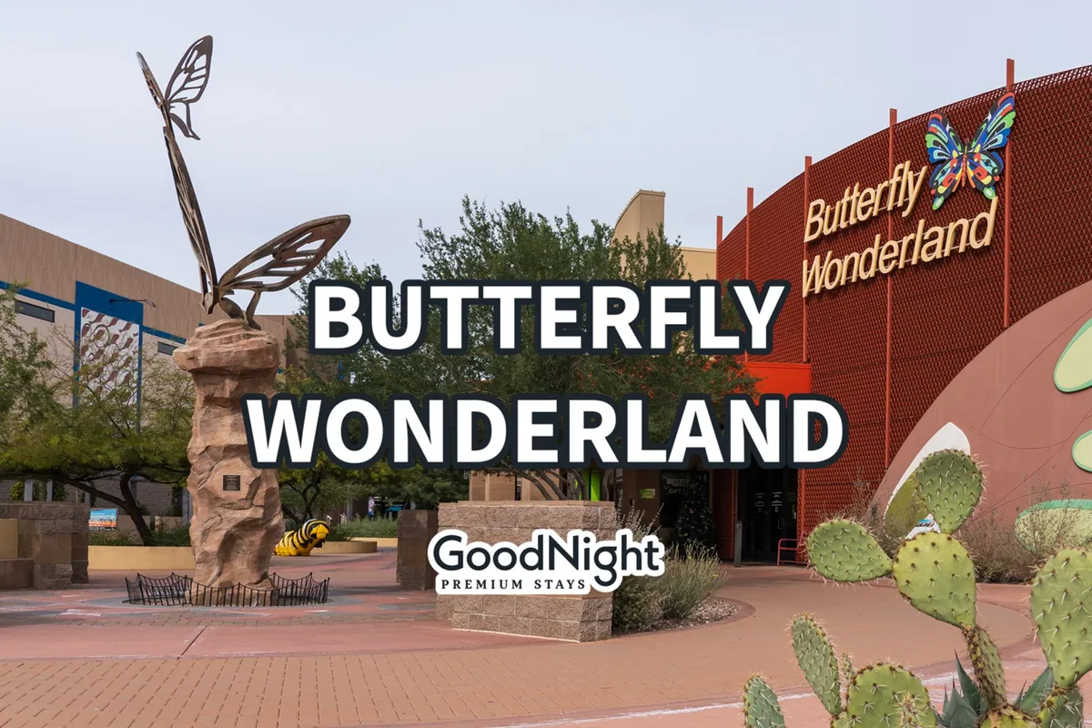 The exterior of Butterfly Wonderland, featuring a whimsical butterfly sculpture and the iconic Butterfly Wonderland sign surrounded by lush greenery. The setting is lively and inviting, hinting at fun, educational outings for children and families.